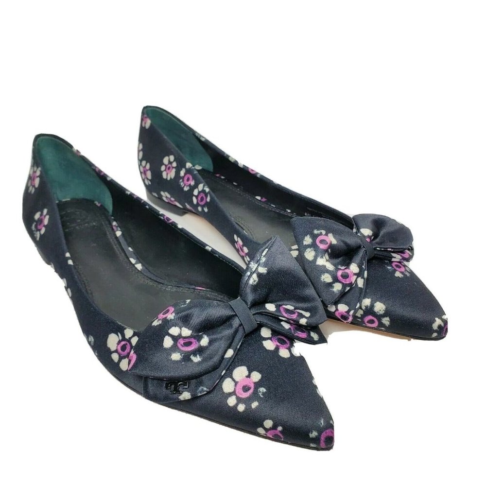 Tory Burch Ballet Flats Rosalind Black floral Bow Sz 8 New